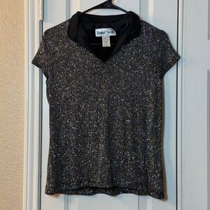 Ronni Nicole by Ouida Multi Color Sparkle Short Sleeve Black Top Women's Sz M